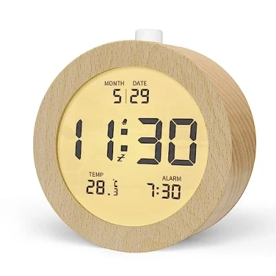 Image of aboveClock Digital Alarm Clock, Wooden Clock Bedside with LCD Backlit, Temperature Display, Snooze Function, 3 AAA Battery Operated for Bedroom, Office, Desk【Battery NOT Included】