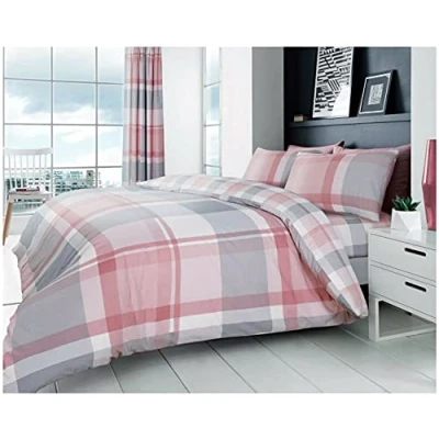 Image of GC GAVENO CAVAILIA Luxury Checkered Duvet Cover Super King Size, Polycotton Striped Bedding Reversible Checked Quilt Bed Set, Blush Pink