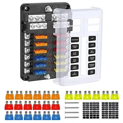 Image of Tawveml 12 Way Blade Fuse Block W/Negative Bus ATC/ATO Box Holder with Ground, LED Warning Indicator &amp;Damp Proof Cover Circuits for Car Boat Marine RV Truck DC 24V
