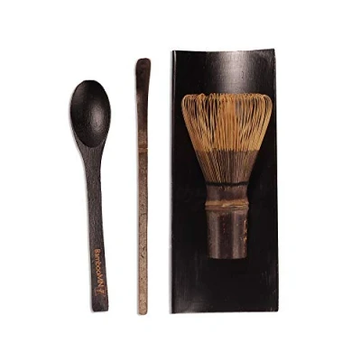 Image of BambooMN Matcha Whisk Set Black Chasen (Tea Whisk), Tray, Chashaku (Hooked Bamboo Scoop), Tea Spoon 1