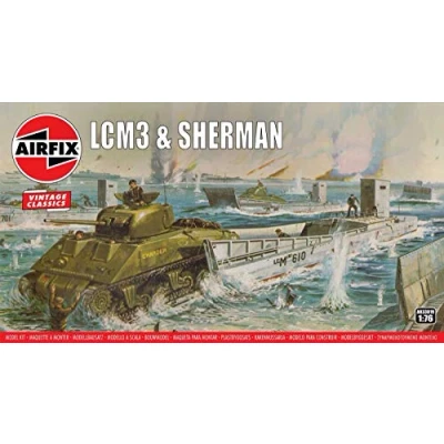 Image of Airfix Vintage Classics Set A03301V LCM3 &amp; Sherman Plastic Model Watercraft Tank Kits for Adults Children 8+, Includes 88 Pieces 1:76 Scale Ship and