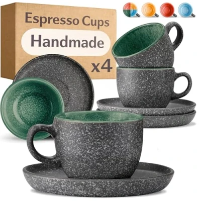 Image of Cosumy Espresso Cups and Saucers Set of 4 90ml Ceramic Demitasse Coffee Mugs 𝗘𝘅𝘁𝗿𝗮 𝗧𝗵𝗶𝗰𝗸 Stoneware with Handmade Reactive Glaze Keeps Warm Longer
