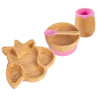 Image of Tiny Dining Unicorn Bamboo Suction Baby Feeding Set Pink 4pc