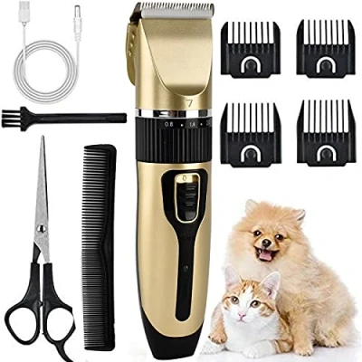 Image of Electric Dog Clippers Professional Pet Grooming Kit, Cordless Low Noise, Rechargeable Hair Trimmer, Trimmer Kit with 4 Combs, Razor
