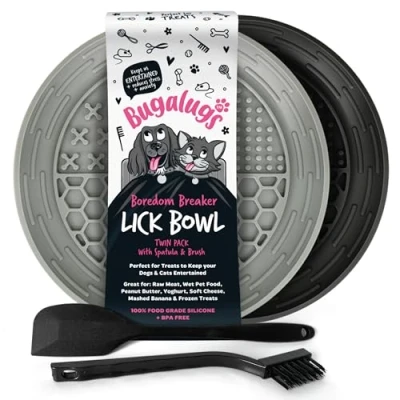 Image of Bugalugs Dog Mat Bowl Lick Mats For Dogs, 100% Food Grade Cat &amp; Licky Dogs Reduce Stress Anxiety, 2x Pet Bowl, Spatula Brush (Black Grey)