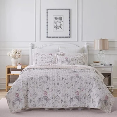 Image of Laura Ashley Home Breezy Floral Collection 100% Cotton, Reversible, Lightweight &amp; Breathable Bedding, Pre Washed for Added Softness, King, Pink/Grey