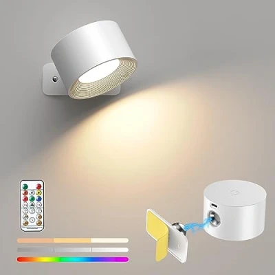 Image of Mexllex Battery Operated Wall Light with 16 RGB Lights, Rechargeable Lamp Remote Control, 360 Rotatable Sconce Wireless Reading Light, Magnetic Bedside Lamp, White