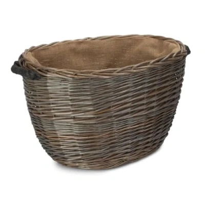 Image of Red Hamper Large Oval Hessian Lined Log Basket, Wicker, Brown, H47 x W60 D39cm