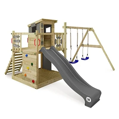 Image of Wickey Wooden climbing frame Smart Camp with swing set &amp; anthracite slide, Outdoor kids playhouse sandpit, ladder play accessories for the garden