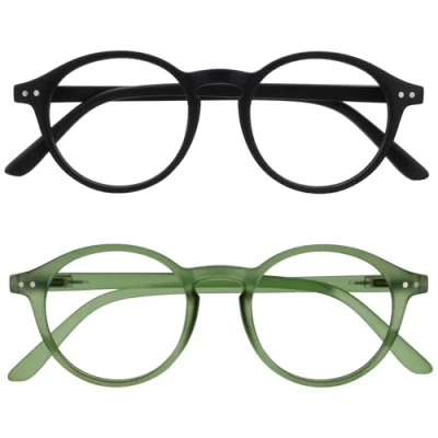 Image of OPULIZE REY Reading Glasses 2 Pack Retro Round Frame Matt Black, Green Mens Womens Spring Hinges RR56 16 +3.00