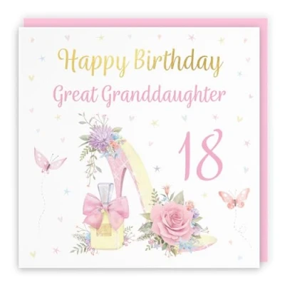 Image of Hunts England 18th Great Granddaughter High Heel And Perfume Birthday Card Luxury Gold Foil Milo&#039;s Gallery Age 18 Butterflies, Flowers, Hearts For