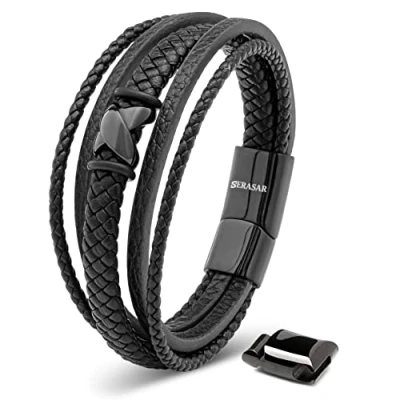 Image of SERASAR hombres Pulsera de cuero negro 23 Cm Brazalete Hombre regalo Caja envuelta en genuina multicapa para Cierres magneticos Joyas
