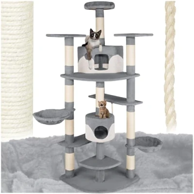 Image of tectake® Multi Level Cat Tree with Sisal Scratching Posts, Soft Plush Fabric, 2 Cosy Houses, 3 Perches, Hanging Beds &amp; Toy Rope 204 cm Tower Anti Tip Protection Grey/White