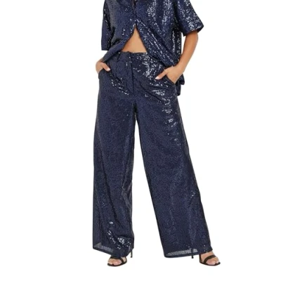Image of PixieGirl Navy Blue Sequin Embellished Wide Leg Trousers Petite