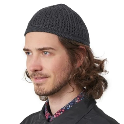 Image of Casualbox Knit Cotton Skull Cap Kufi Islam Prayer Hat Crochet Mesh Skully Beanie Men&#039;s Headwear for All Seasons Grey
