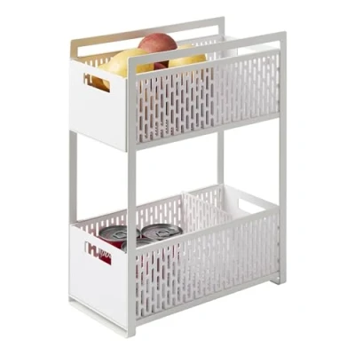 Image of Yamazaki 5218 TOWER 2 Tiered Storage Basket Set, White, ABS Resin/Steel/Silicone, Minimalist Design, 16 x 32.5 46 cm (LxWxH)