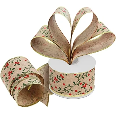 Image of Belle Vous Burlap Organza Christmas Ribbon 20m x 6.3cm Wide Wired Glittery Berry Tree for Xmas Decorations Gift Wrapping DIY Crafts Party Decoration