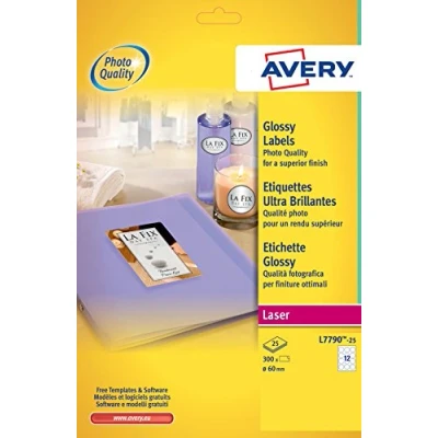 Image of Avery L7790 25 Glossy Round Labels for Laser Printers (60 mm Dia Labels, 12 Per A4 Sheet, Sheets)