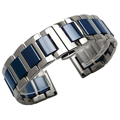 Image of Kai Tian Two Tone 16mm Silver Stainless Steel Watch Strap Band Blue Ceramic Bracelet All Links Removable Replacement With Tools