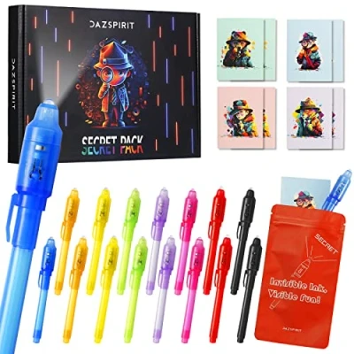 Image of DazSpirit 16 Packs Invisible Ink Pens and Notebooks Detective Theme, UV Light Spy Party Bag Fillers for Boys Girls, Magic Secret Message Parties, Treasure Hunt