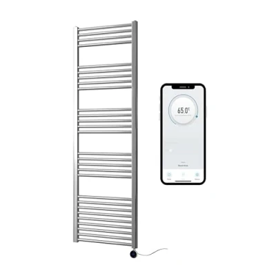 Image of Greened House Chrome Electric Smart WiFi Controlled Heated Towel Rail 500mm W x 1600mm H Flat 7 Day Programmable Timer App Compatibility