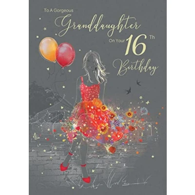 Image of Lovely Beautiful Granddaughter 16th Milestone Age 16 Birthday Greeting Card from the Gorgeous Grace Range (EL042) Glitter &amp; Foil Finished with Gold Envelope (16th)