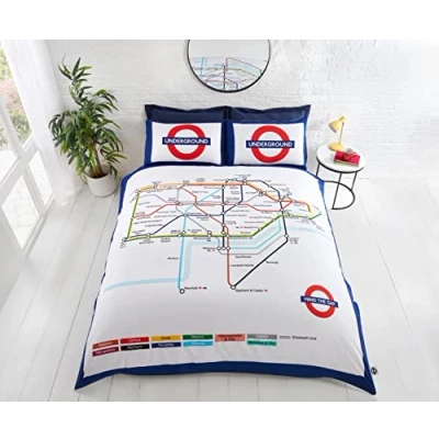 Image of Rapport Home London Undgerground Tube Duvet Cover and Pillowcases Bedding Bed Set Double, White