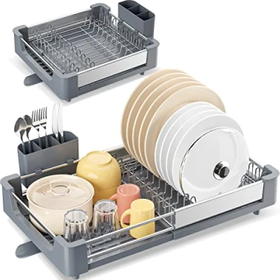 Image of KINGRACK Expandable Dish Rack, Foldable Drainers With Removable Cutlery Holder, Adjustable Drying Rack Swivel Drainage Spout