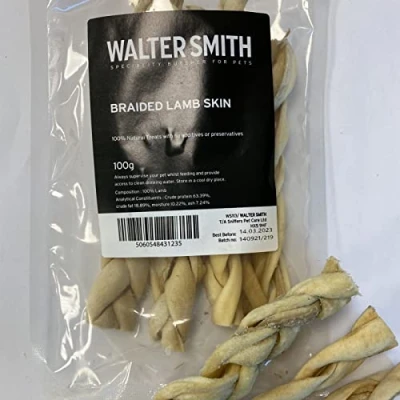 Image of Walter Smith Natural Braided Lamb Skin 100g 100% Dog Treat No Artificial Colours or Preservatives Chew