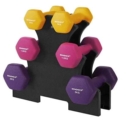 Image of SONGMICS Dumbbell Set with Stand 3 Pairs: 2 x 1 kg, 1.5 kg Non Slip Vinyl Surface For Fitness, Home Training, Bodybuilding Yellow, Pink and Purple SYL609B02