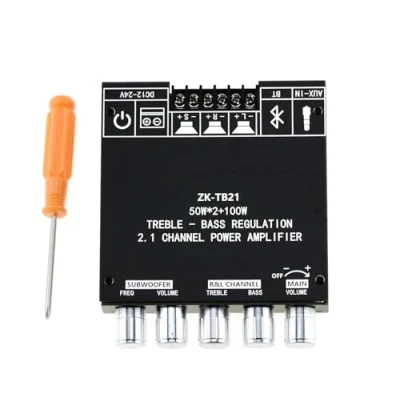Image of FamilyMall Bluetooth Subwoofer Amplifier Board Hifi Stereo 2.1 with Treble and Bass Control Regulation 2X50W+100W DC 12V 24V Audio Power Module AUX Input for Store Home Theater Speakers