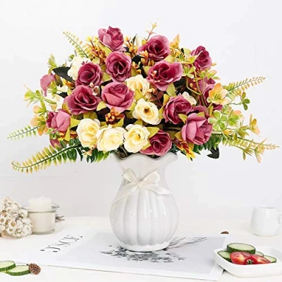Image of LESING Artificial Silk Rose with Vase Fake Flowers Wedding Bouquets Arrangement Home Office Party Centerpiece Table Decoration (Violet Red 1)