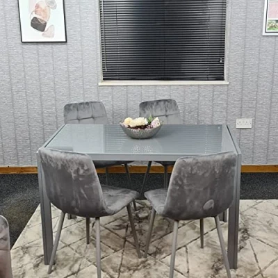 Image of KOSY KOALA Grey Dining Table and 4 Velvet Chairs Kitchen Set of Glass