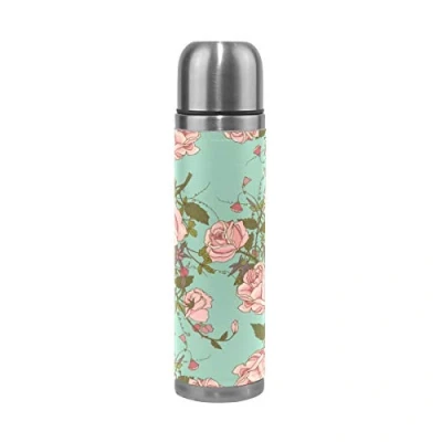 Image of LDIYEU Rose Pink Floral Sport Water Bottle Pots Stainless Steel Insulated Vacuum Flask Leather Wrapped(500ML)