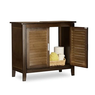 Image of Relaxdays LAMELL Dark Brown Under Sink Cabinet, Bamboo, Bathroom Basin Cupboard, Storage Unit, HxWxD: 60 x 67 30 cm