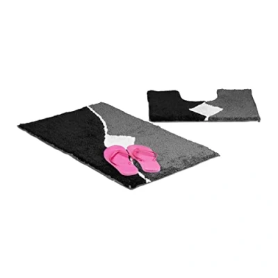 Image of Relaxdays Bath Accessory 2 Piece Set with Graph Design, For Heated Floors, Washable, Mat and Pedestal Toilet Cut Out, 80 x 50 cm, Grey