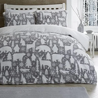 Image of Fusion Artic Animals Teddy Fleece Duvet Cover Single Bedding Size (140 x 200cm) 1x Pillowcase Polar Bear, Deer &amp; Penguin Christmas Bedding/Winter Decorations