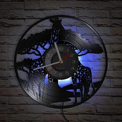 Image of Smotly Vinyl wall clock with LED Night Light Function, African Giraffe Clock, a gift for home decor. (seven colors)