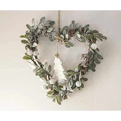 Image of Marco Paul Christmas Rustic Shabby Chic Sage Heart Shaped Door Wreath Mistletoe Pine Cone Hanging Ornamental Wreaths for Front or Wall Decoration