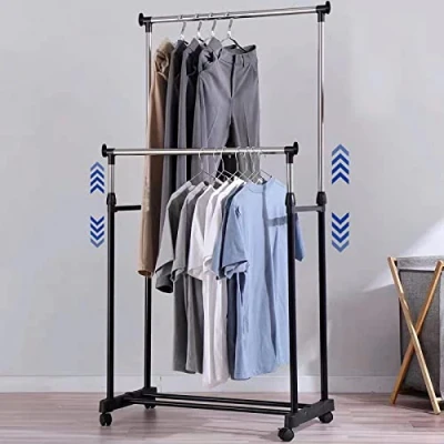 Image of Vivo Technologies Double Adjustable Tidy Rack Mobile Garment Clothes Clothing Rail Stand on Castor Wheels with Hanging and Storage Shelf
