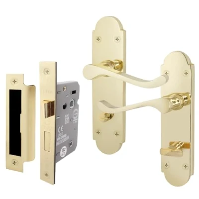 Image of EAI Polished Brass Bathroom Door Handle Set Victorian Scroll Shaped 1 Pair of Internal Handles with Lock (64mm)