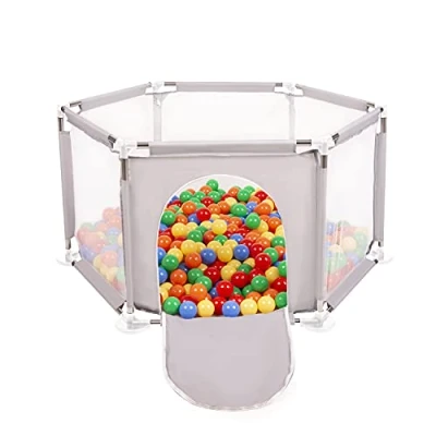 Image of Selonis Hexagon 6 Side Play Pen with 900 Balls, Grey:Yellow/Green/Blue/Red/Orange