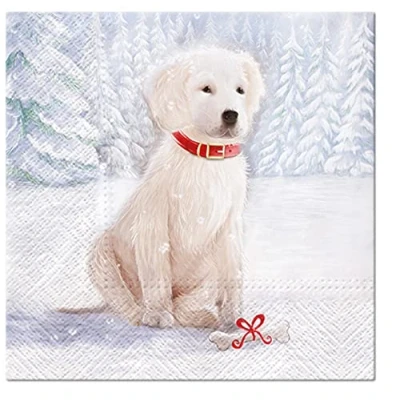 Image of Fairytale Christmas Tissue Paper Napkins for Decoupage 33cm x Serviettes Pack of 20 (Snow Dog)