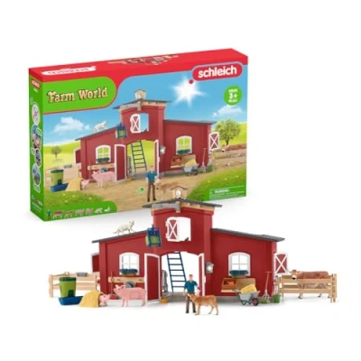 Image of schleich Farm World 42606 Animal Playset with Figurine and Accessories 92pc Kids Cow, Horse, Pig, Bull, Animals Gift for Boys Girls, Ages 3+, Red
