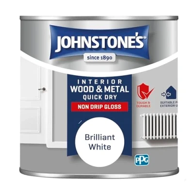 Image of Johnstone&#039;s Quick Dry Gloss Brilliant White Finish Water Based Interior Wood &amp; Metal Radiator Paint Low Odour in 1 2 Hours 3m2 Coverage per Litre 0.25 L