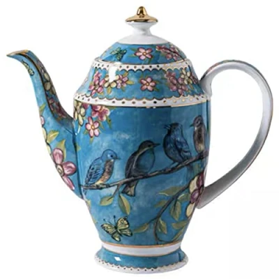Image of YBK Tech Bone China Teapot, 34oz Ceramic Coffee Pot, Birds and Trees Patterns (Blue)