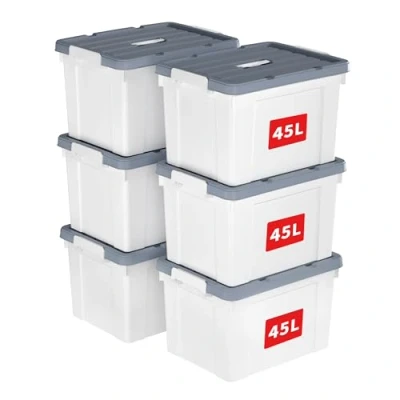 Image of Cetomo 45L*6 Storage Boxes, Carry Plastic Box with Lids, Organizing Container Handle and Secure Latching Buckles, Stackable, Nestable, Tote Bin for Home Office Clothes, 45L 6Pack, White