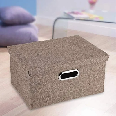 Image of DEWIN Small Storage Box with Lid Bin Foldable Fabric Basket toy Clothes Towel Laundry Container Brown