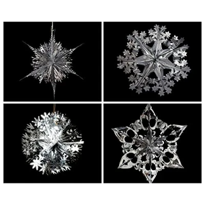 Image of Simply Products Set of 4 40cm Christmas Foil Ceiling Garland Hanging Xmas Decoration, Long Star, Snowflake, Star Ball &amp; (Silver)