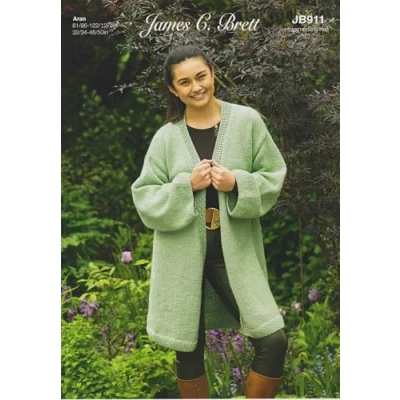 Image of James Brett Aran Knitting Pattern Ladies Longline Open Cardigan (JB911)